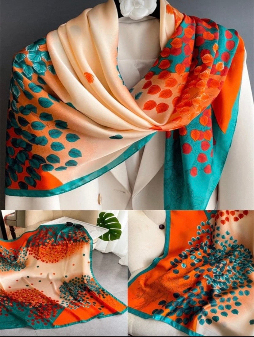 Foulard imprimé en satin de soie arbre à fleurs