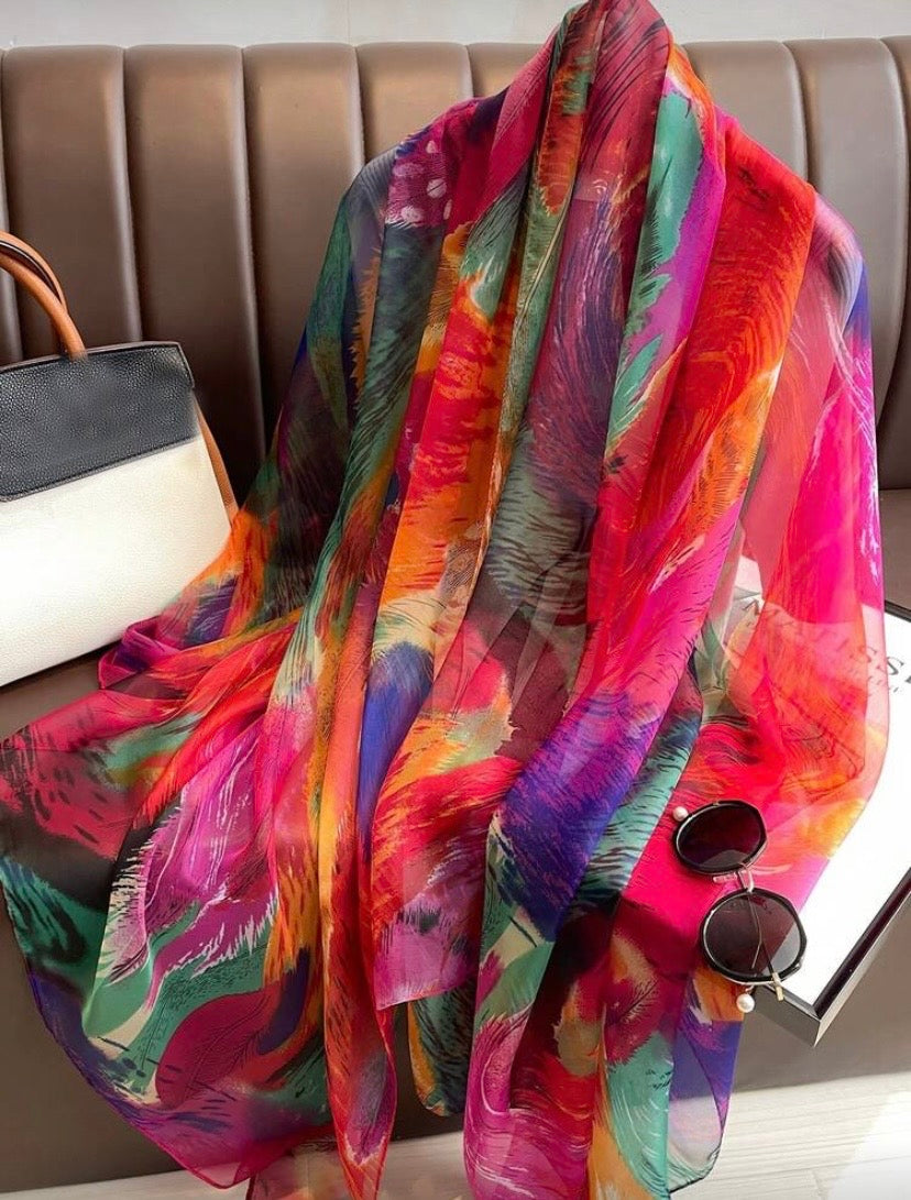 Foulard imprimé en mousseline de soie très colorée